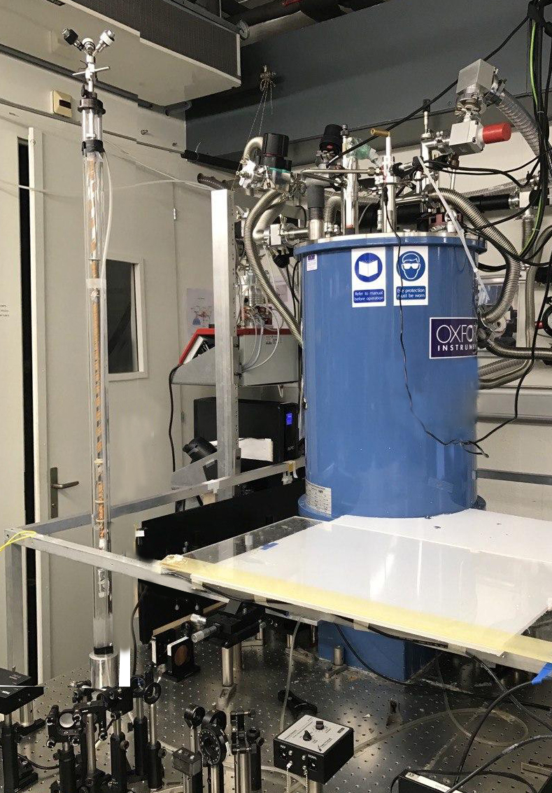 Enlarged view: THz time-domain spectroscopy setup with a superconducting split-coil magnet cryostat from Oxford Instruments