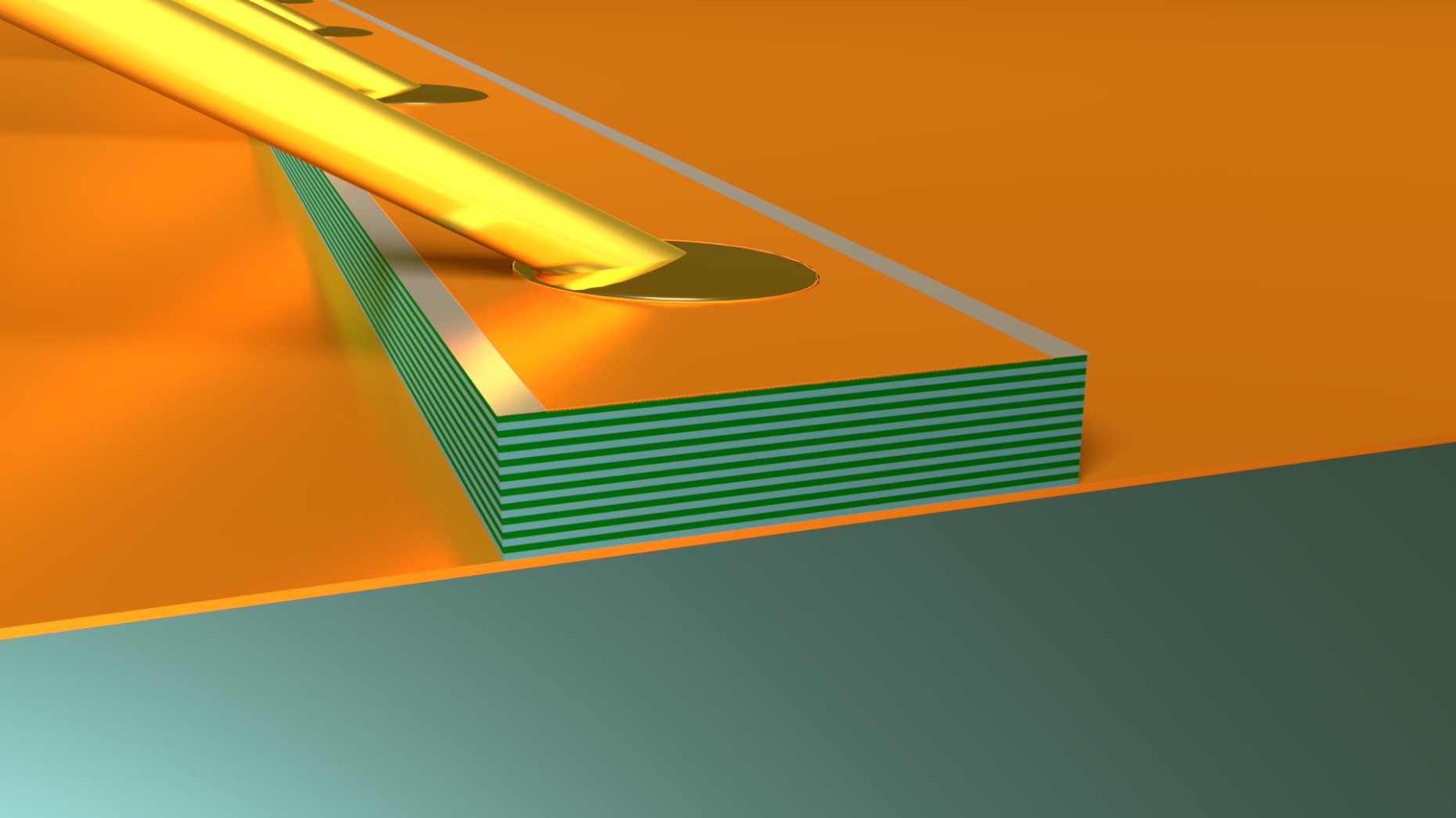 Enlarged view: 3D illustration of a double metal waveguide THz quantum cascade laser. The active region is sandwiched between two metallic plates, with wires bonded on the top metal.